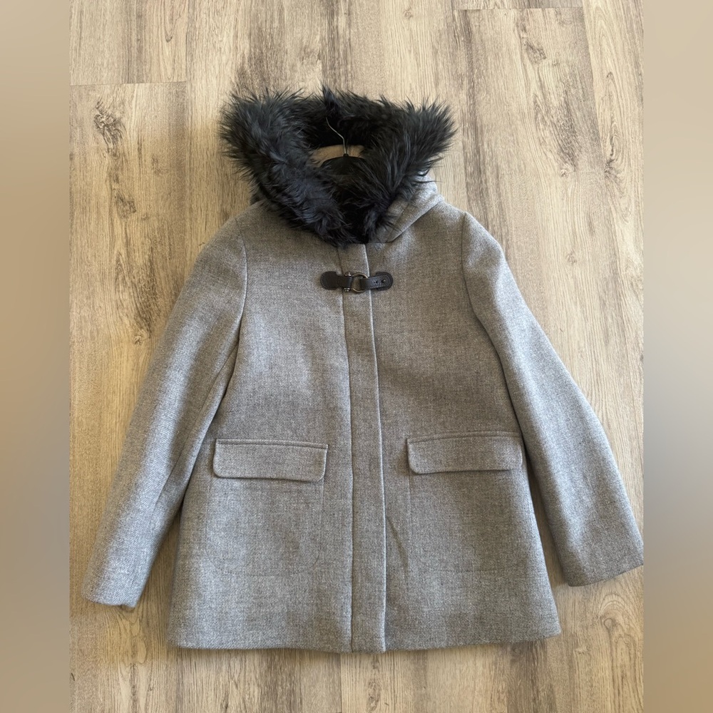 Zara coat Kids Gray Coat with Faux Fur Hood 13/14